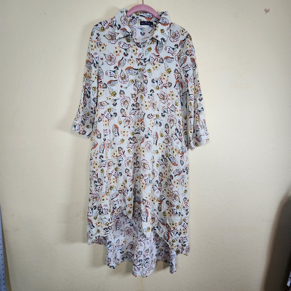 Emery‎ Rose Cream Paisley Floral High-Low Button Front Shirt Dress Medium